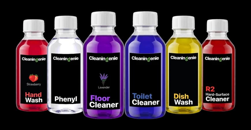 Cleaning sample kit bottles containing professional cleaning solutions